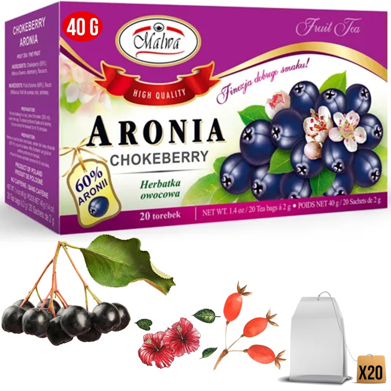 Malwa HERBATA OWOCOWA Aromatyzowana ARONIA 20 saszetek 40G KRÓTKA DATA